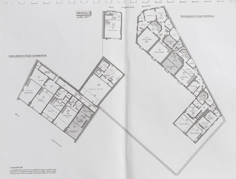 Plan général du niveau 5 (troisième étage côté rue Hégésippe Moreau, cinquième étage côté rue Ganneron)