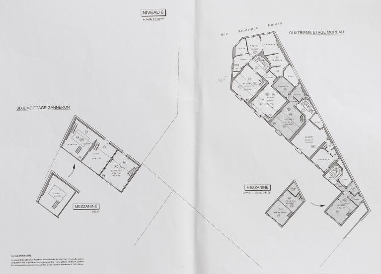 Plan général du niveau 6 (quatrième étage côté rue Hégésippe Moreau, sixième étage côté rue Ganneron)