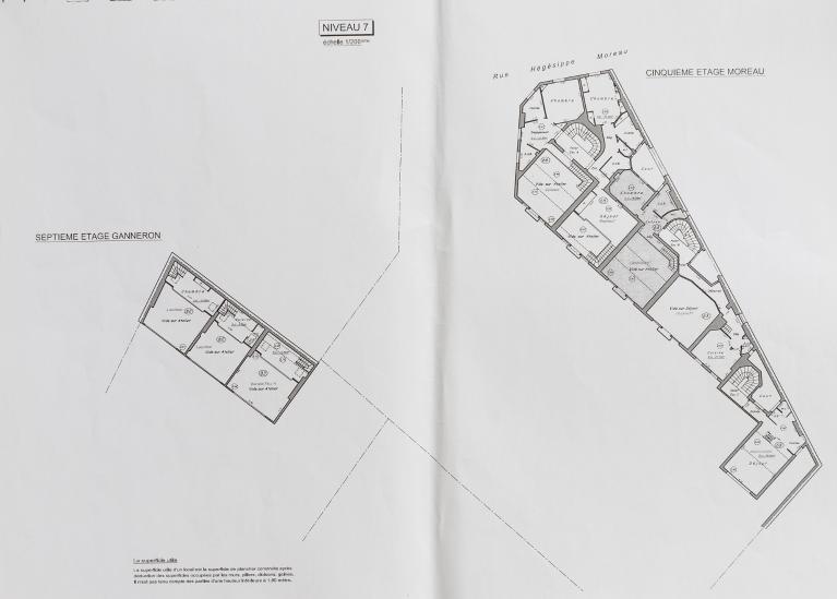 Plan général du niveau 7 (cinquième étage côté rue Hégésippe Moreau, septième étage côté rue Ganneron)