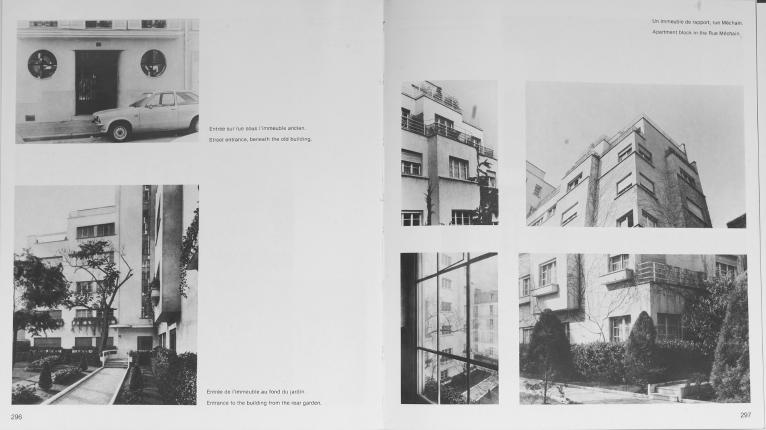 Détails de la façade, de l'entrée, de l'immeuble sur cour, d'une verrière et de la cour intérieure, reproduits dans "Robert Mallet-Stevens, architecte", éd. Archives d'Architecture Moderne, Bruxelles, 1980, page 296 