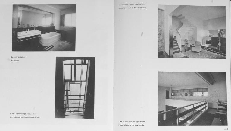Détails d'une salle de bain, de la cage d'escalier, d'un intérieur d'un atelier, reproduits dans "Robert Mallet-Stevens, architecte", éd. Archives d'Architecture Moderne, Bruxelles, 1980, page 299