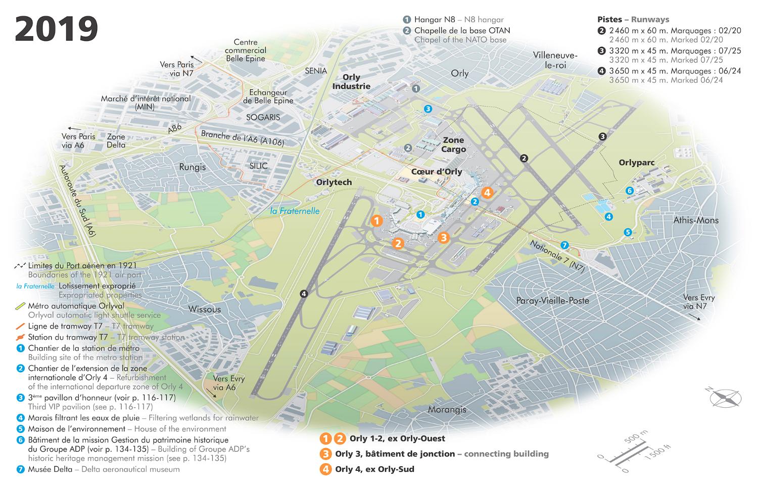 L'aéroport d'Orly en 2019, la pastille bleue n°3 indique l'emplacement du troisième pavillon d'honneur.