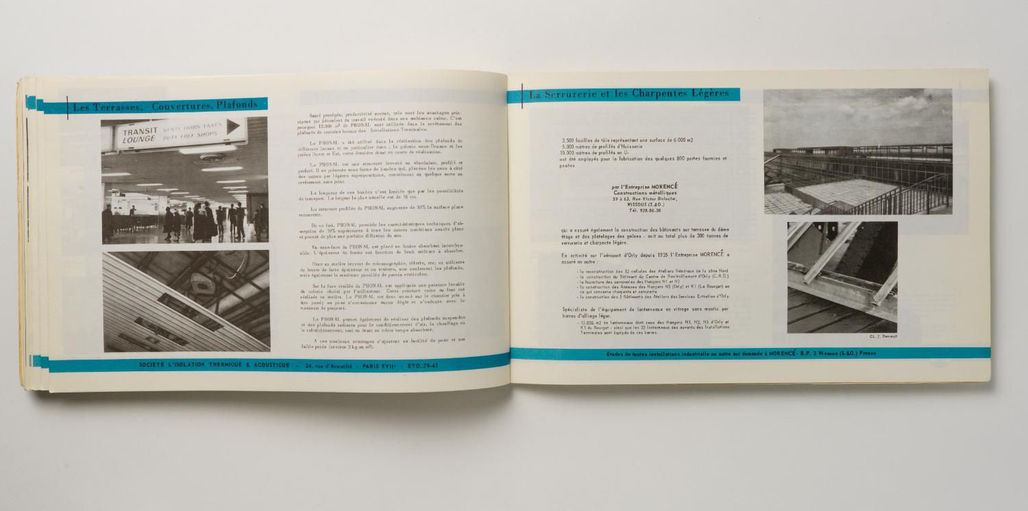 Les terrasses, couvertures, plafonds, La Serrurerie et les charpente légère, "Installations Terminales Orly", brochure éditée par l'Aéroport de Paris, 1961.