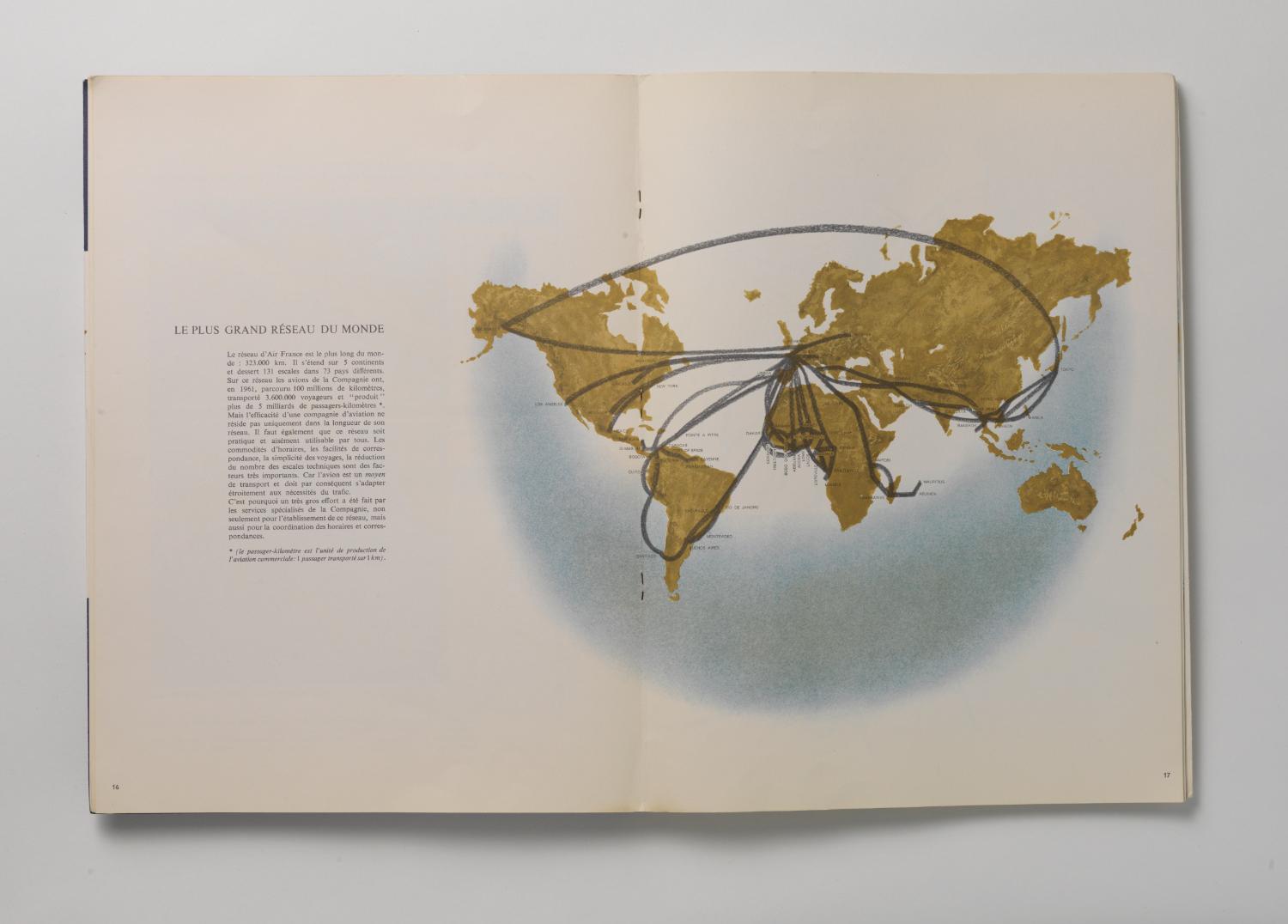 Le plus grand réseau du monde, illustration de Roger Excoffon, "Air France 1962", rapport d’activité.