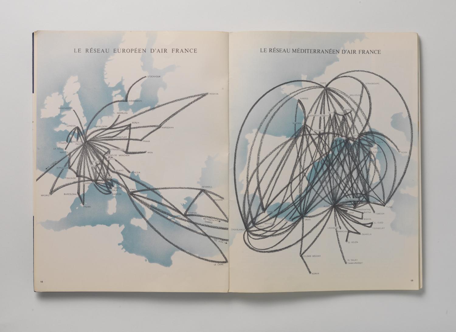 Le réseau européen et méditerranéen d'Air France, illustration de Roger Excoffon, "Air France 1962", rapport d’activité.