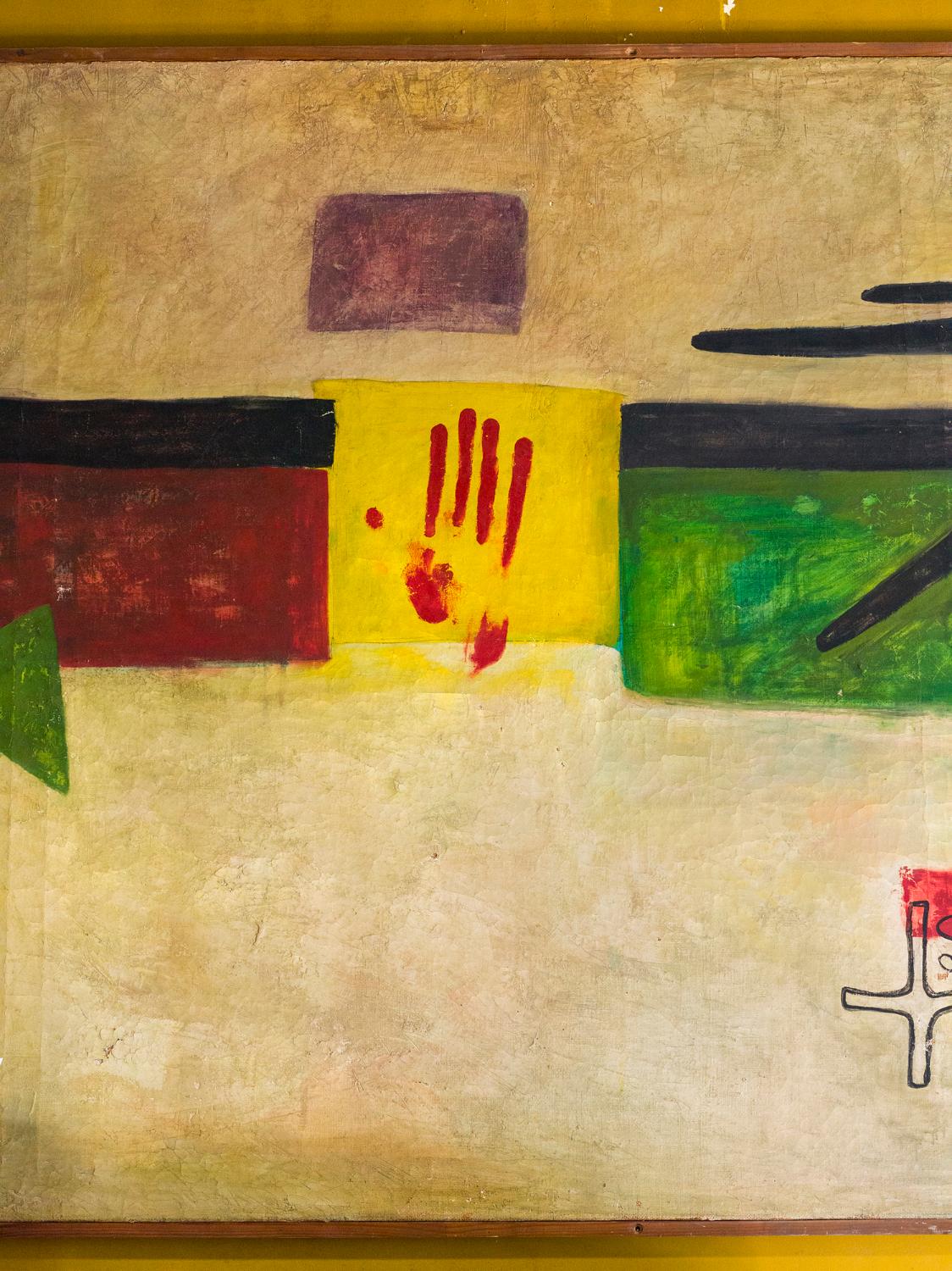 Artiste catalan, « Les tombes flamanjant », huile sur toile, 134 x 550 cm, vers 1950. Réalisée à l’occasion d’une exposition dans l’ambassade espagnole de Paris. Anciennement situé dans le bureau de réception commerciale. Détail : main ensanglantée symbolisant le drapeau catalan. 