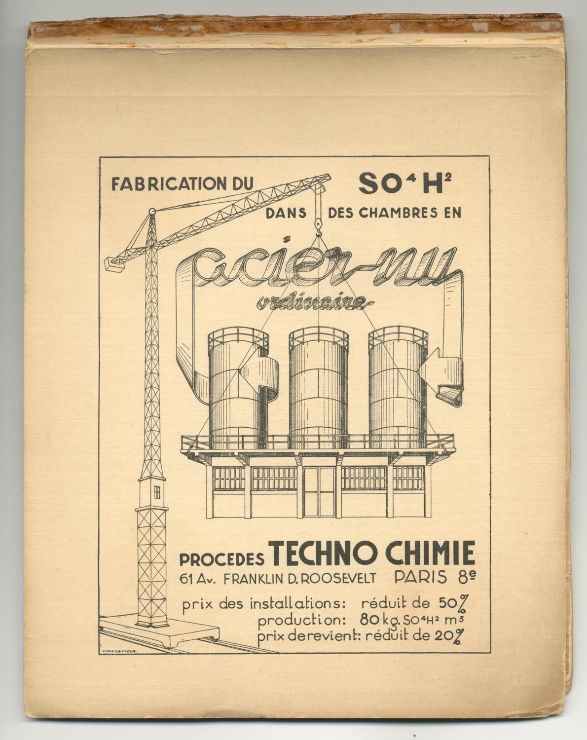 Troisième de couverture, Album des réalisations de l’entreprise Techno Chimie S.A. Tirage photographique noir et blanc, 18 x 24 cm, début des années 1950, sans mention d’auteur (collection Ateliers de Technochimie).