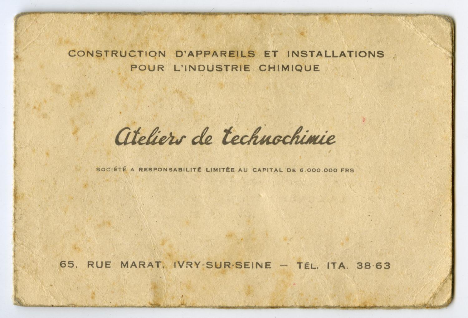 Carte de visite des Ateliers de Technochimie, années 1950 (collection Ateliers de Technochimie).