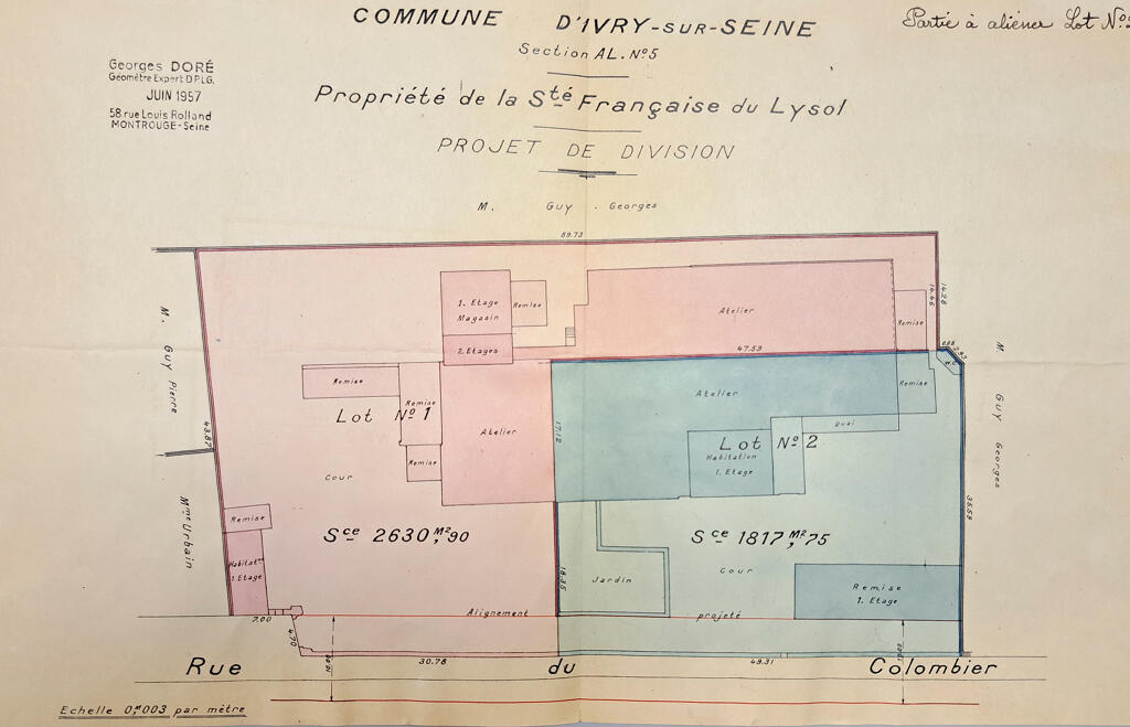 Plan extrait du projet de division de la propriété de la Société française du Lysol dans le cadre de la vente aux Ateliers de Technochimie, juin 1957, Georges Doré, 58 rue Luis Rolland, Montrouge.