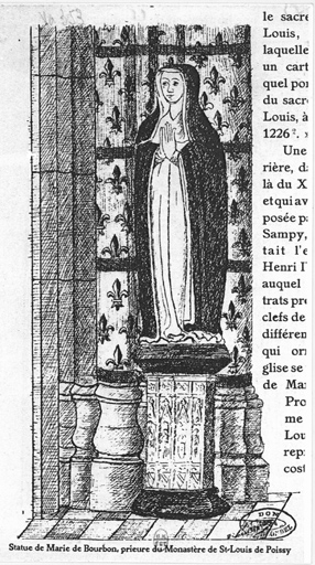 Statue du tombeau de Marie de Bourbon, en marbre noir et blanc, qui se trouvait dans le prioral au pied du pilier sud-ouest de la croisée du transept.