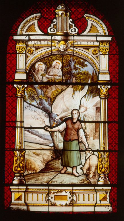 4 verrières (vitrail tableau) : vie de Jeanne d'Arc (baies 8, 10, 12, 14)