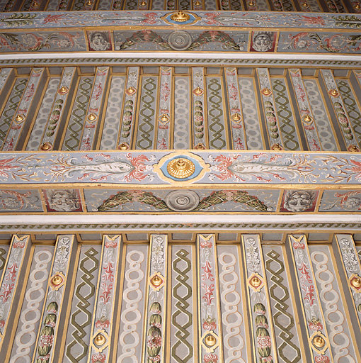 Vue d'ensemble du plafond décoré dans le grand salon.