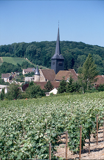 Vue de situation de l'église et du village depuis les vignes.