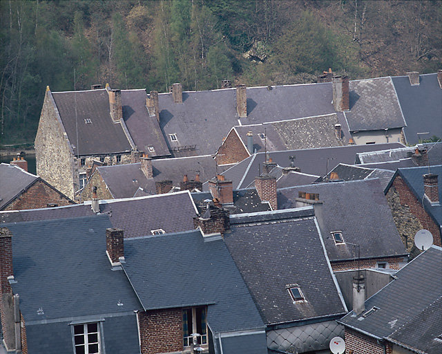 Vue d'ensemble sur des toitures en ardoise du centre ancien.