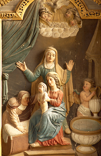 Détail : haut-relief de la Naissance de la Vierge. - © Inventaire général, ADAGP