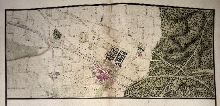 Dessin aquarellé appartenant à l'"Atlas des routes de France" de Trudaine (3e quart du 18e siècle) et montrant le plan de Villers-Cotterêts et le plan-masse du château et du parc (AN : CP/F/14/8503, planche 5).