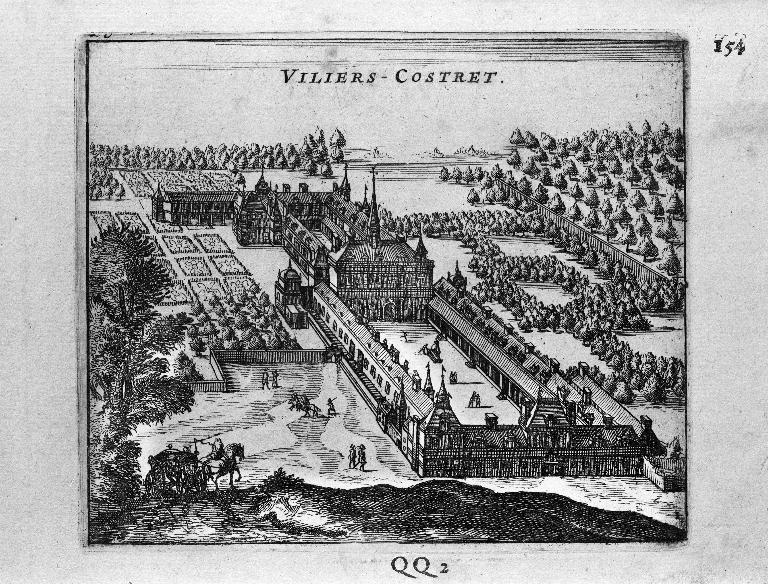 Vue cavalière du château, gravure réalisée d'après Du Cerceau et Merian, et publiée en 1666 par Michiel Cnobbert (Laon, musée d'Art et d'Archéologie : P3. 21).