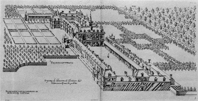 Vue cavalière du château, gravure du XIXe siècle reproduisant celle réalisée vers 1579 d'après un dessin de Jacques Androuet du Cerceau pour illustrer le second volume des "plus excellents Bastiments de France" (Laon, musée d'Art et d'Archéologie : 988. 172).