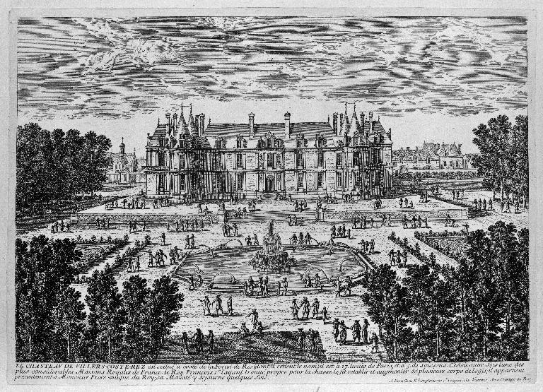 Gravure attribuée à Gabriel Pérelle, réalisée dans les années 1670, représentant la façade nord du logis et les jardins (AD Aisne : 6 Fi Villers-Cotterêts 10).