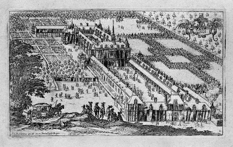 Vue cavalière du château, gravure réalisée dans le deuxième quart du 17e siècle par François Langlois dit Ciartres, d'après Du Cerceau (Laon, musée d'Art et d'Archéologie : P3. 14).