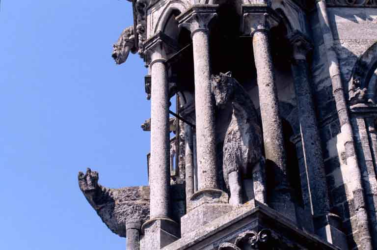 Vue extérieure : détail des boeufs de la tour nord.