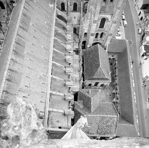 Vue extérieure depuis les tours de la façade occidentale : cloître, salle capitulaire, chapelle des fonts.