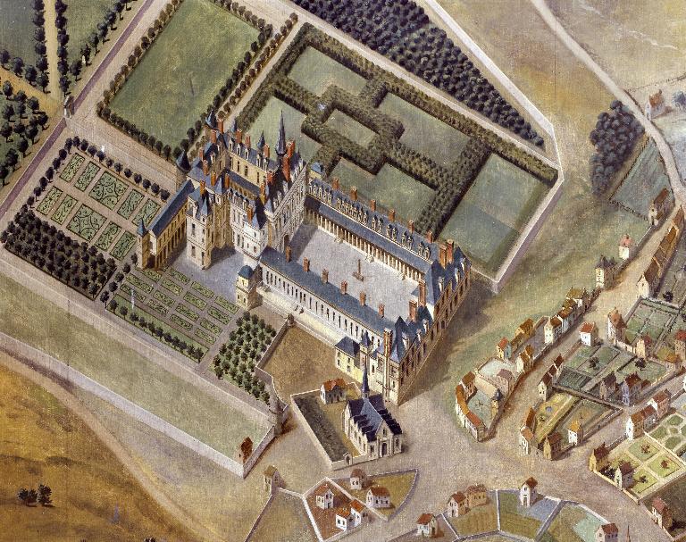 Vue cavalière du château : détail d'une peinture du bourg de Villers-Cotterêts et de la forêt, réalisée vers 1605 par Louis Poisson au château de Fontainebleau (Galerie des Cerfs).