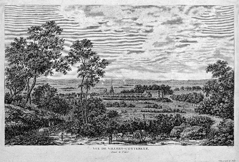 Gravure de François-Denis Née, sur un dessin de Tavernier de Jonquières, représentant l'élévation orientale du château et son site vers 1789 (Société historique de Villers-Cotterêts).