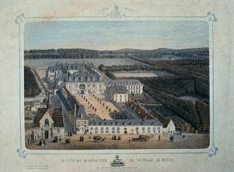 Vue cavalière du château et du petit parc, dessinée et lithographiée au début des années 1850 par Eugène Noury (Laon, musée d'Art et d'Archéologie : P3. 13).