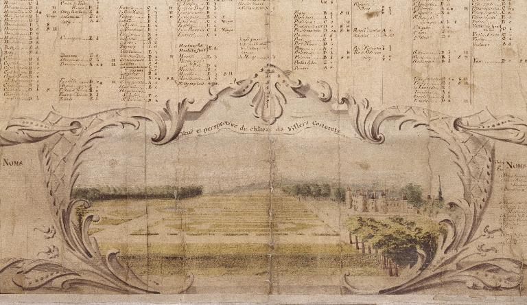 Dessin représentant le château, les grandes allées et les parterres nord, extrait du plan de la forêt de Retz dessiné par Mombrun (ou Montbrun) en 1743 (AN : N II Aisne 18).