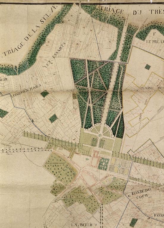 Plan-masse de la ville, du château et de son parc en 1774, extrait d'un plan de la censive de Villers-Cotterêts (AN : N II Aisne 20).