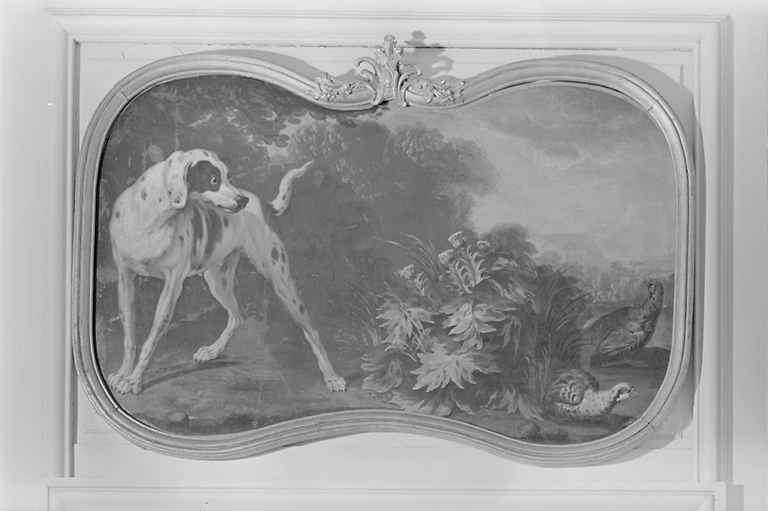 2 tableaux (dessus-de-porte) : Chiens de chasse (en pendant)