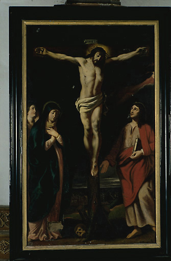 Peinture huile sur toile, représentant La Crucifixion, datant du 17e siècle, repeinte au 19e s.