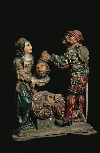 Vue de face du groupe sculpté, en chêne datant du 16e siècle.