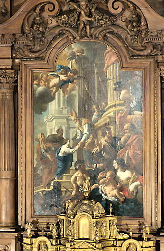 Vue d'ensemble du tableau du maître autel, huile sur toile, signé et daté 'CHAPERON FECIT 1639'. - © Inventaire général, ADAGP