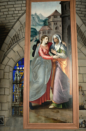 Vue d'ensemble du tableau représentant la Visitation, huile sur bois, datant du 1er quart du 17e siècle.