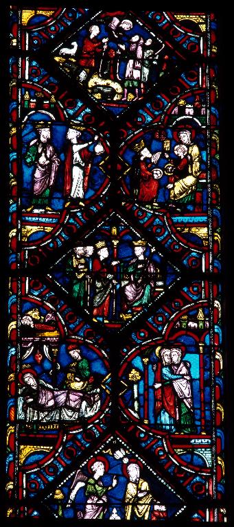 Vue de détail de la lancette droite : six scènes de l'Enfance du Christ de l'Annonciation à l'Annonce aux bergers.