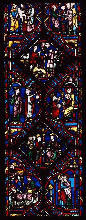 Vue de détail de la lancette droite : sept scènes de l'Enfance du Christ de la Visitation à la Présentation au temple.