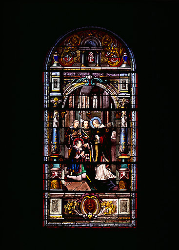 Ensemble de trois verrières à personnages : Saint Louis de Gonzague recevant la première communion des mains de saint Charles Borromée, Sainte Famille, Décollation de saint Jean-Baptiste (baies 0 à 2)