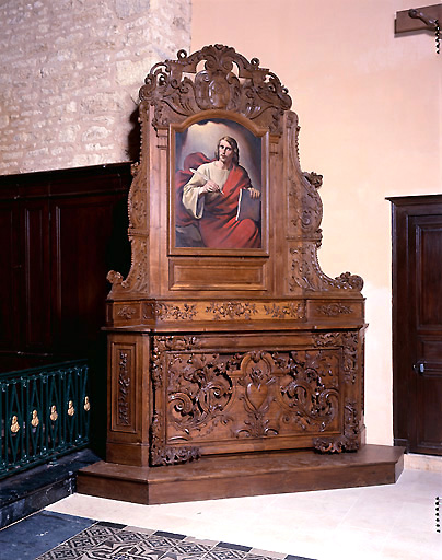 Vue d'ensemble de l'oeuvre, chêne, restauré en 1948 et incorporant des élements de menuiserie 18e s. provenant de l'abbaye de Bucilly.