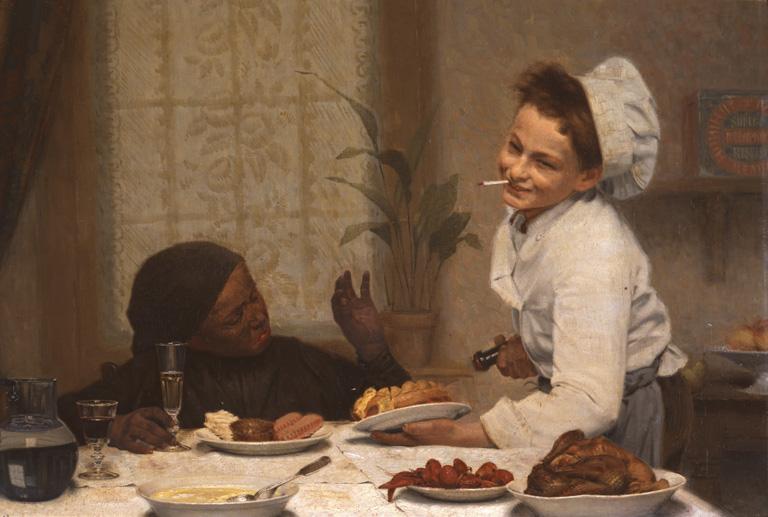 Détail des figures du petit pâtissier ou marmiton, et du petit ramoneur, ainsi que de la table garnie de mêts.