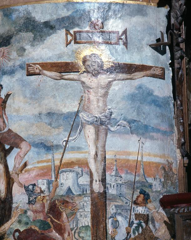 Détail du Christ en croix, des cavaliers perçant son flanc, et la ville de Jérusalem à l'arrière-plan.