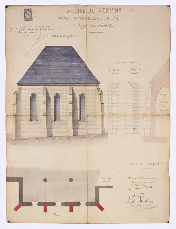 Elévation principale du bras sud du transept : projet de contreforts dressé par l'architecte Pierre Bénard le 11 janvier 1873 et approuvé le 16 février 1874, encre et aquarelle sur papier.