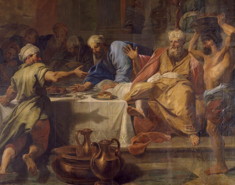 Détail de la partie droite de l'oeuvre, montrant Simon entouré de ses convives et serviteurs.