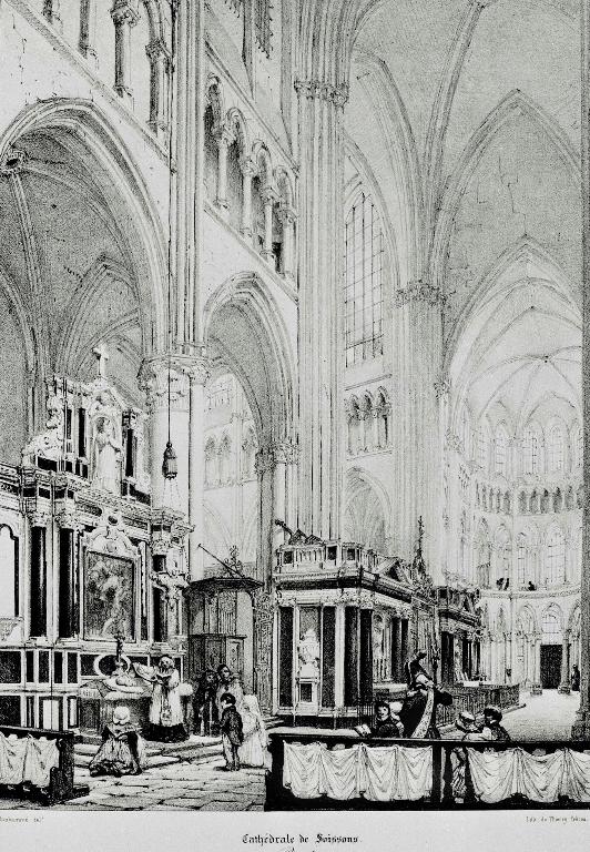Lithographie d'après un dessin de François Bonhommé vers 1840, montrant l'autel alors installé dans le bras nord du transept (Voyages pittoresques et romantiques dans l'ancienne France, Picardie, 2e volume). ; Lithographie de François Bonhommé représentant le transept de la cathédrale et le troisième jubé, vers 1840 (Voyages pittoresques et romantiques dans l'ancienne France, Picardie, 2e volume). ; Lithographie d'après un dessin de François Bonhommé, représentant le transept de la cathédrale et le jubé vers 1840 (Voyages pittoresques et romantiques dans l'ancienne France, Picardie, 2e volume). ; Lithographie d'après un dessin de François Bonhommé, représentant le transept de la cathédrale et le jubé vers 1840 (Voyages pittoresques et romantiques dans l'ancienne France, Picardie, 2e volume).