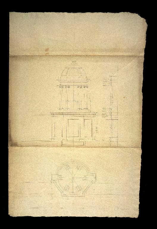Élévation et coupe du tabernacle à dais du maître-autel, dessinées par l'architecte Carrier vers 1807 (A Évêché Soissons : P Soissons-Cathédrale, 3 D). 