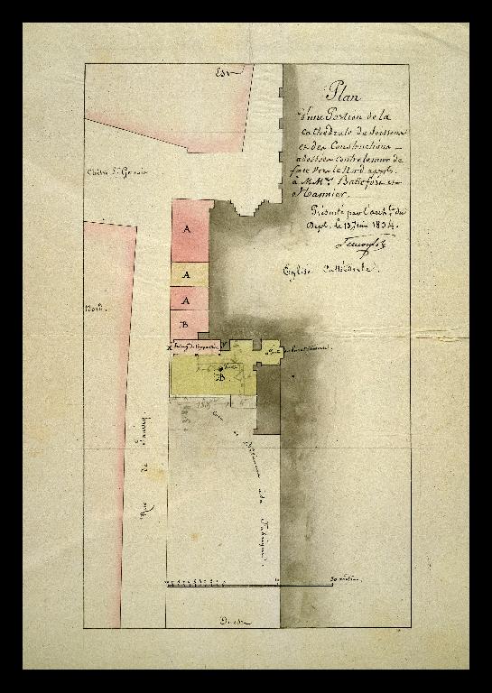 Plan des propriétés accolées au côté nord de la cathédrale, dessiné le 13 juin 1834 par l'architecte Antoine-Émile Gencourt (A. Évêché Soissons : P Soissons-Cathédrale, 3 D plans).