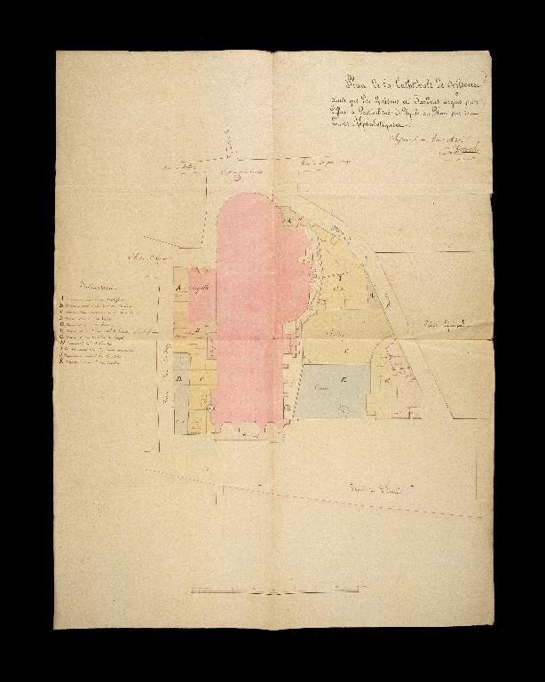 Plan de la cathédrale et des propriétés qui l'environnent, dessiné le 10 avril 1820 par l'architecte Louis Duroché (A. Évêché Soissons : P Soissons-Cathédrale, 3 D plans). ; Plan de la cathédrale et des propriétés qui l'environnent, dessiné le 10 avril 1820 par l'architecte Louis Duroché (A. Évêché Soissons : P Soissons-Cathédrale, 3 D plans). ; Plan de la cathédrale et des propriétés qui l'environnent, dessiné le 10 avril 1820 par l'architecte Louis Duroché (A Evêché Soissons : P Soissons-Cathédrale, 3 D plans). ; Plan de la cathédrale et des propriétés qui l'environnent, dessiné le 10 avril 1820 par l'architecte Louis Duroché (A. Evêché Soissons : P Soissons-Cathédrale, 3 D plans).