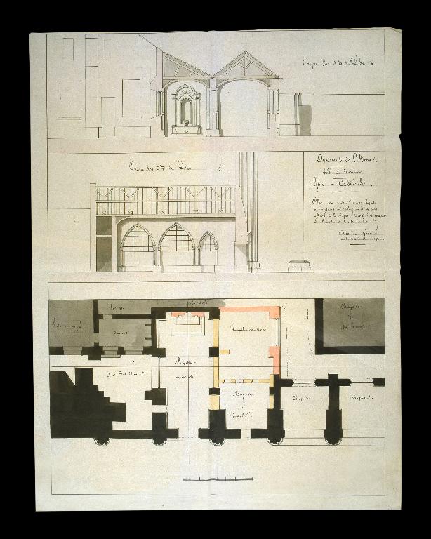 Plan et coupes d'une chapelle à construire à l'est de la chapelle du Collège, dessinés dans les années 1830 par l'architecte Antoine-Émile Gencourt (A. Évêché Soissons : P Soissons-Cathédrale, 3 D plans). ; Plan et coupes montrant l'emplacement de la "chapelle du Collège" dans la galerie ouest du cloître, dessinés dans les années 1830 par l'architecte Antoine-Émile Gencourt (A. Évêché Soissons : P Soissons-Cathédrale, 3 D plans).