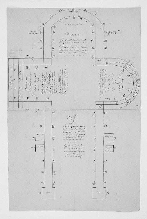 Plan sommaire de la cathédrale comportant l'emplacement des verrières, dessiné après l'explosion de la poudrière en 1815 (A Evêché Soissons : 6 L Soissons 1815-1818). ; Plan sommaire de la cathédrale comportant l'emplacement des verrières, dessiné après l'explosion de la poudrière en 1815 (A Evêché Soissons : 6 L Soissons 1815-1818).